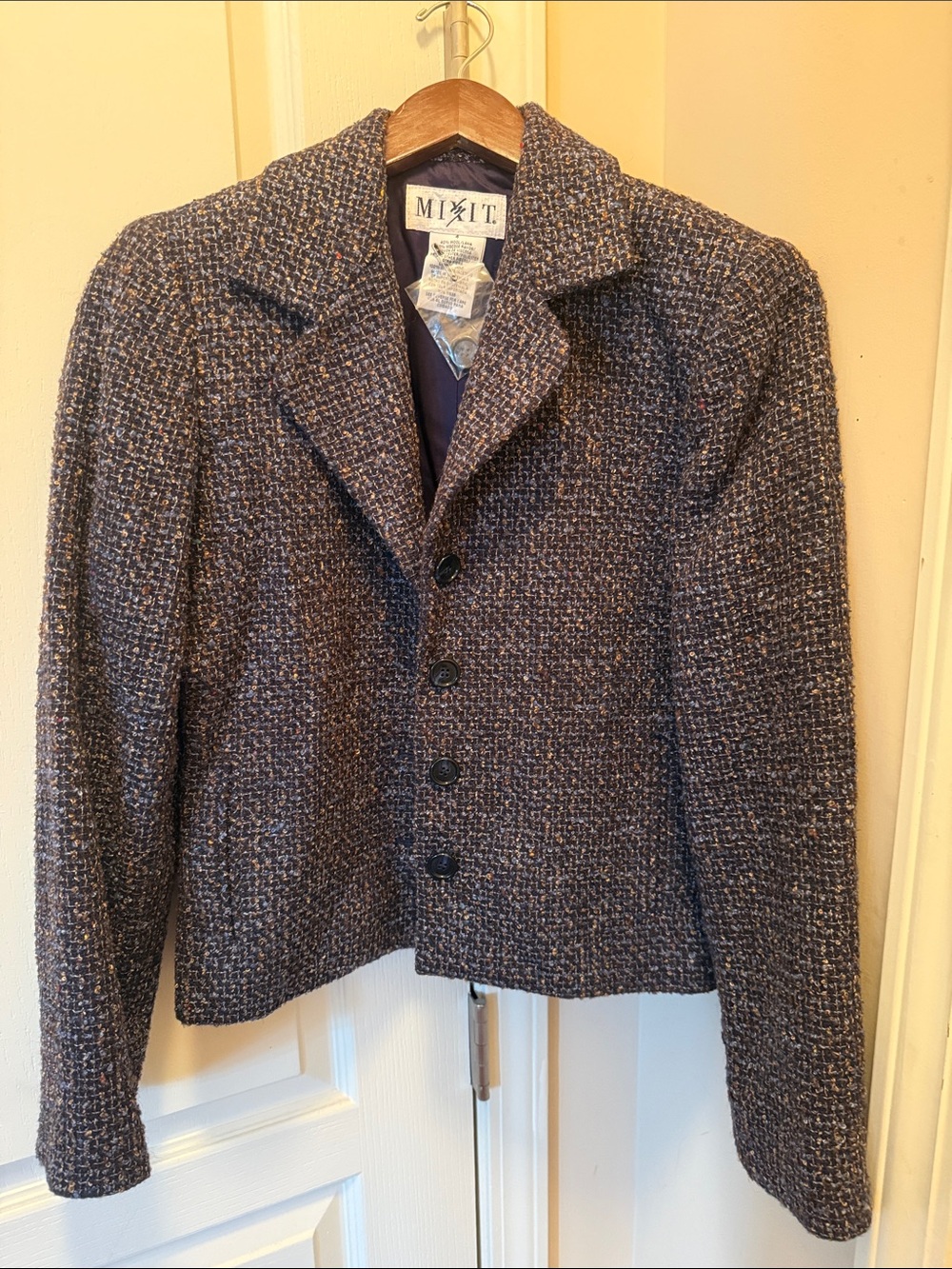 Mixit Navy Tweed Button-Front Blazer with Subtle Flecks